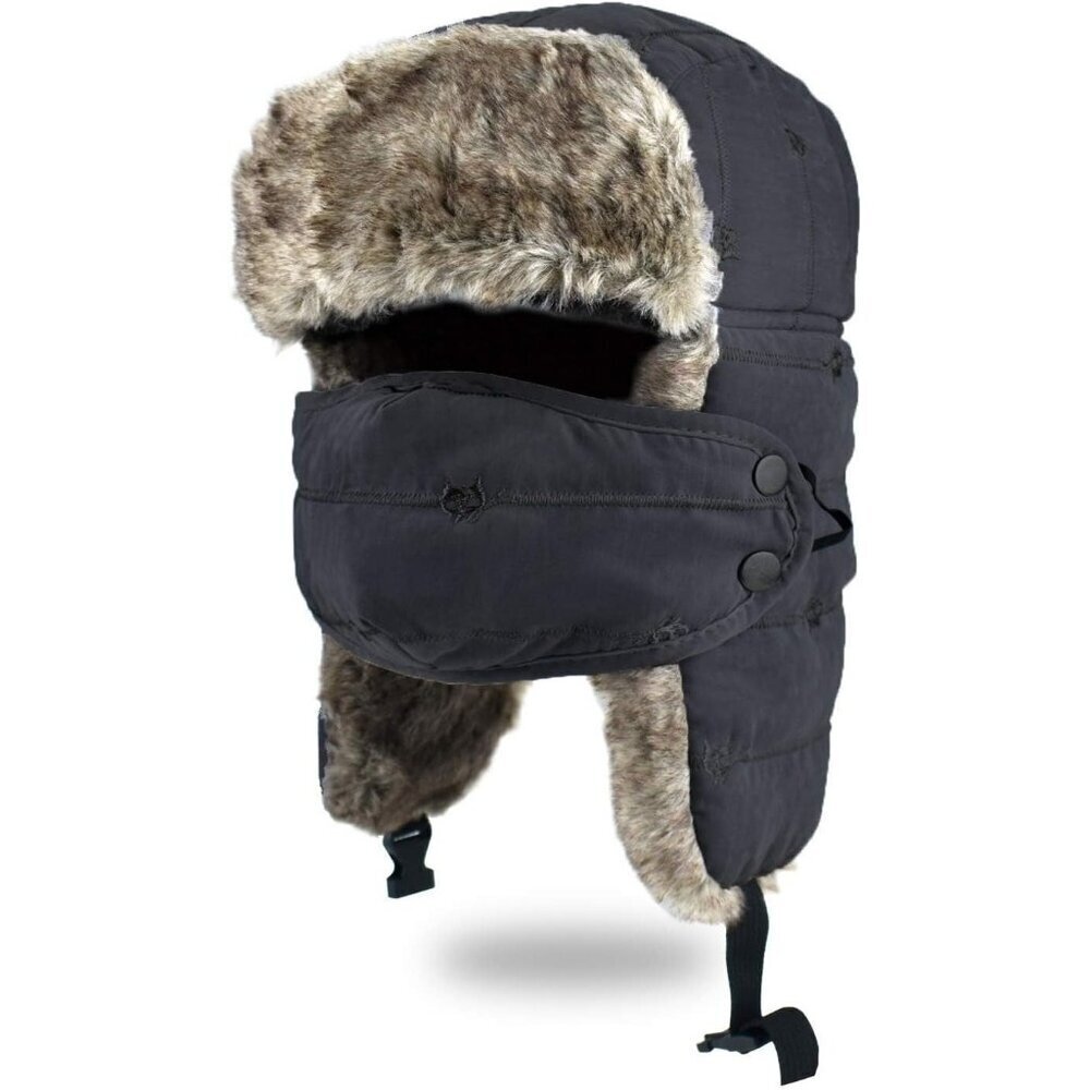 Men's Dark Black Trapper Hat, Winter Warm Trooper Hats with Ear Flaps and Mask